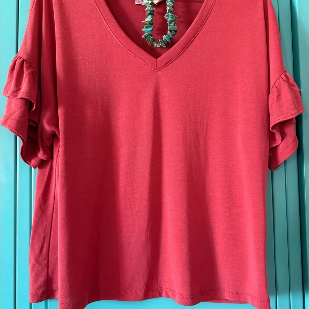 Red V-Neck Ruffle Sleeve Top - Picture 1 of 3